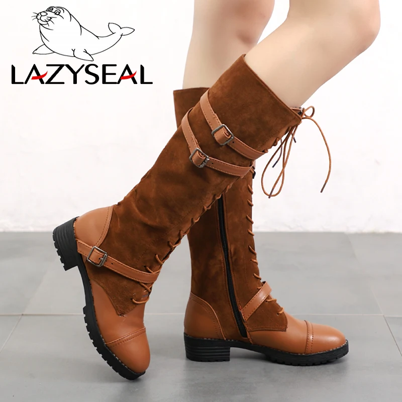 LazySeal/женские сапоги до середины икры большие размеры 35 43 Zapatos Mujer кожаная обувь на