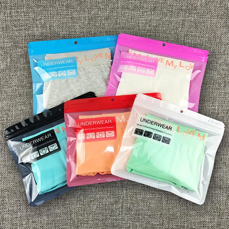 100 Pcs High Quality Colorful Plastic Underwear Underpants Zipper Packaging Bag with Hang Hole, Briefs Knickers Retail Pack Bag