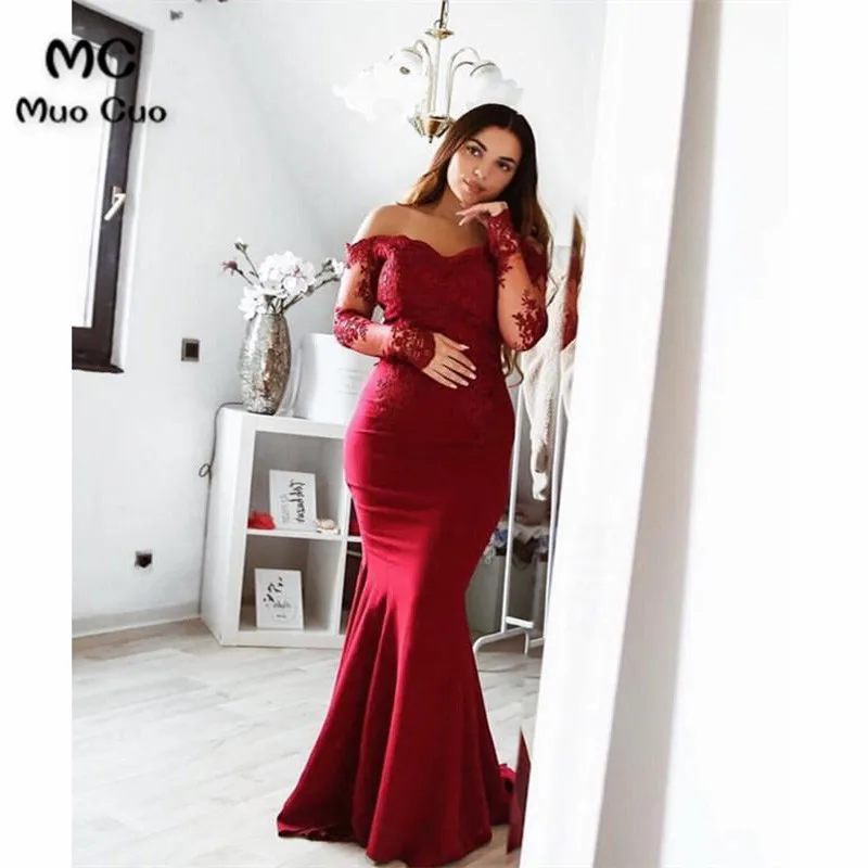 Lace Long Sleeves Mermaid Off Shoulder Bridesmaid Dresses Floor Length