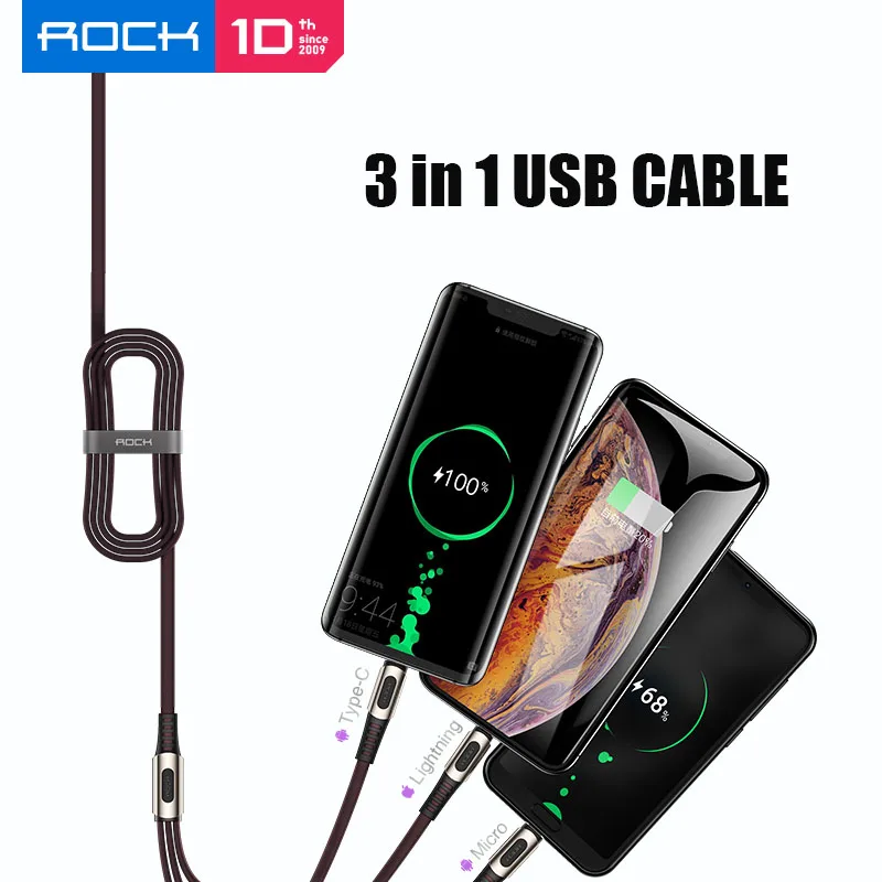 ROCK 3 в 1 USB кабель для смартфонов Microusb type-C зарядный кабель для iPhone зарядный кабель Micro USB зарядное устройство Дата шнур