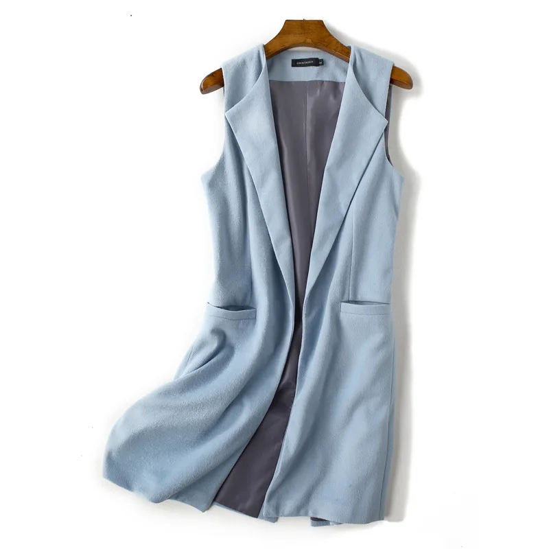 

New Autumn Winter Lady Medium-Length Long Vest 2019 Women Solid Pockets Sleeveless Loose Open Stitch Wool Waistcoat Plus Size
