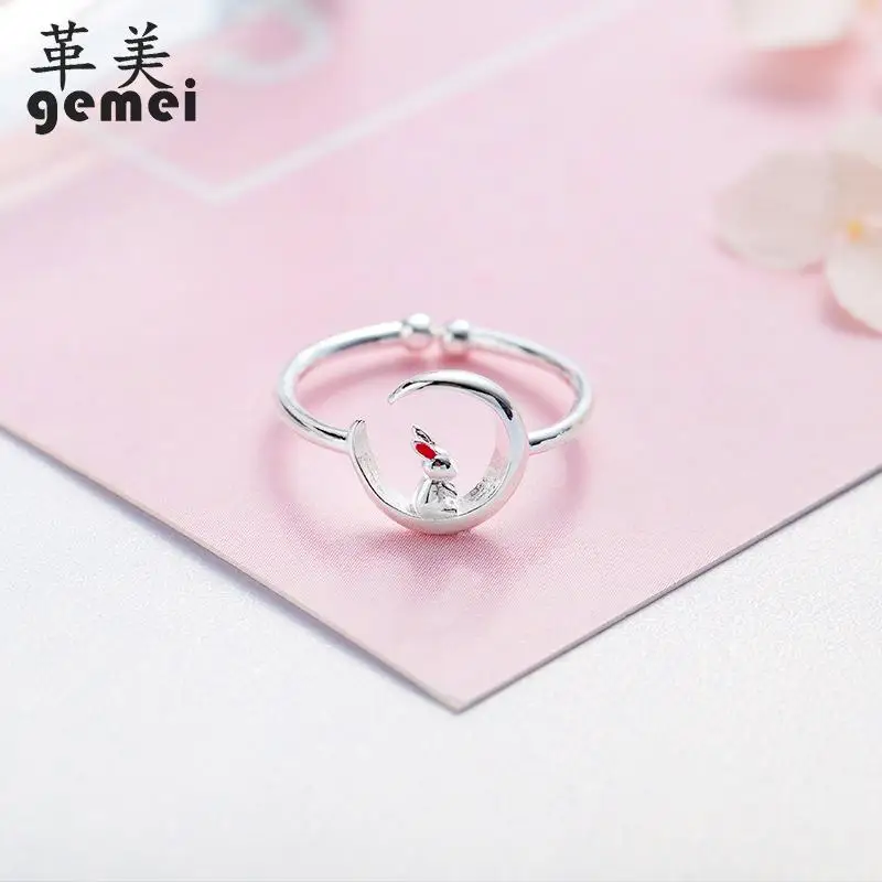 

Gemei 100% 925 Sterling Silver Rabbit Sitting On The Moon Open Rings For Women Personality Fashion Party Jewelry