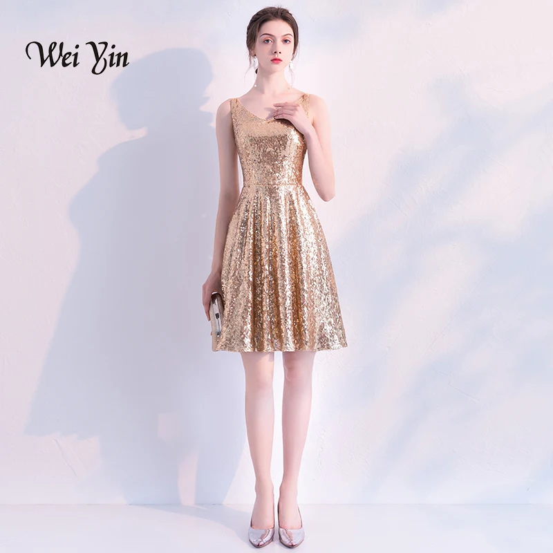 weiyin Sequined Cocktail Dresses 2018 New Elegant V Neck Sleeveless Backless Formal Party Gowns Above Knee Vestidos WY887 | Свадьбы и