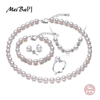 

MeiBaPJ 925 Sterling Silver 5 Items Sets 100% Real Natural Pearl Jewelry Set For Women Top Quality White Color Gift Box
