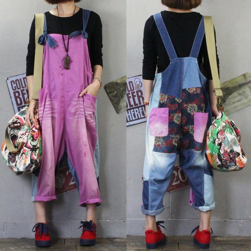 

Vintage Print Jumpsuits for Women 2019 Elegantes Spring Loose Spaghetti Strap Denim Bib Pants