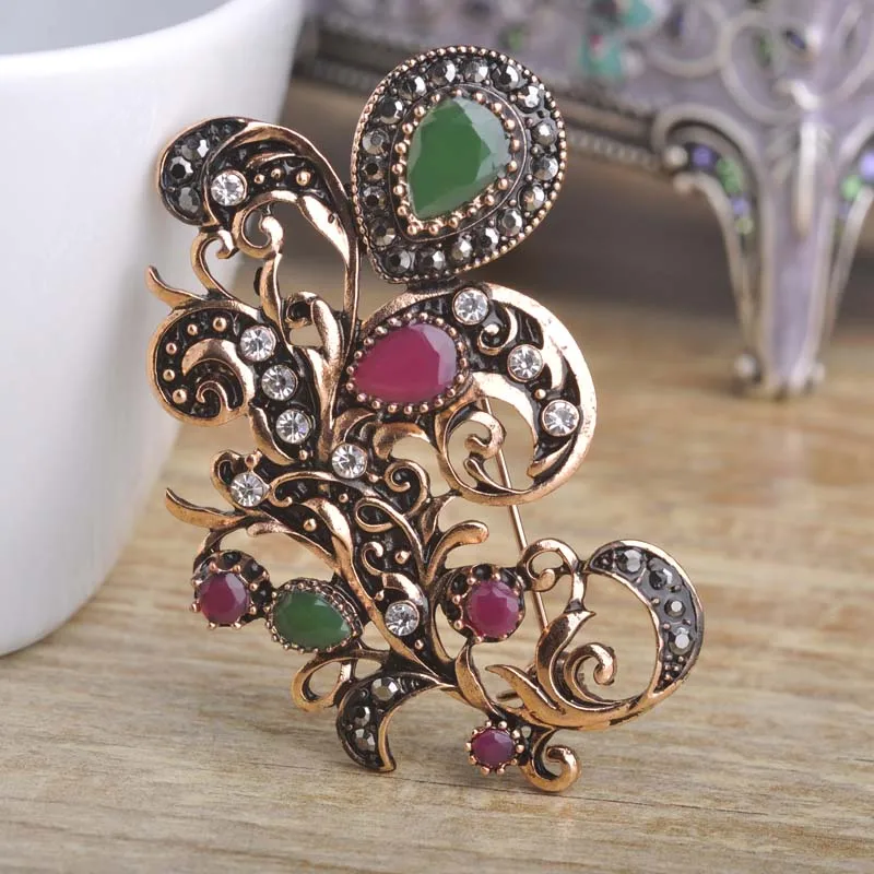 Vintage Fleur Corsage Cheveux Accessoires Résine Pierres Broches Pins Turc Style Goutte D\u0027eau Broche