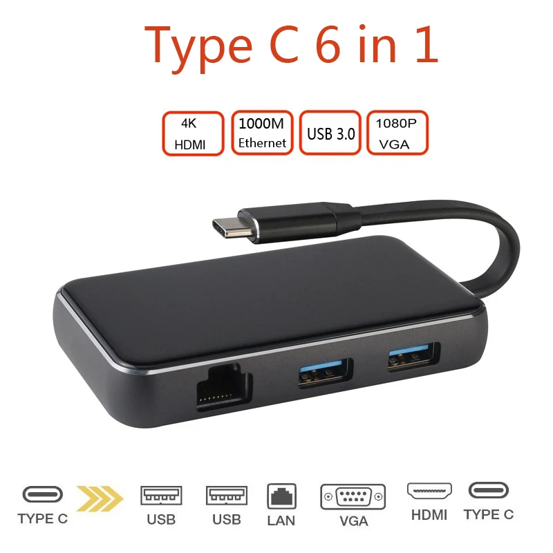 

Type C to HDMI VGA 4K HDTV TV Video Adapter RJ45 Gigabit Ethernet Lan Cable USB 3.0 for Macbook Samsung S8 S9 For Huawei Mate 10