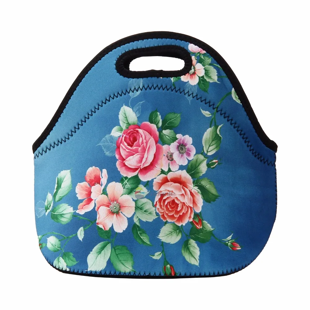 New Cute Flowers Prints Neoprene Thermal Portable Lunch Bag Women Kids Baby Casual Bags Box Tote