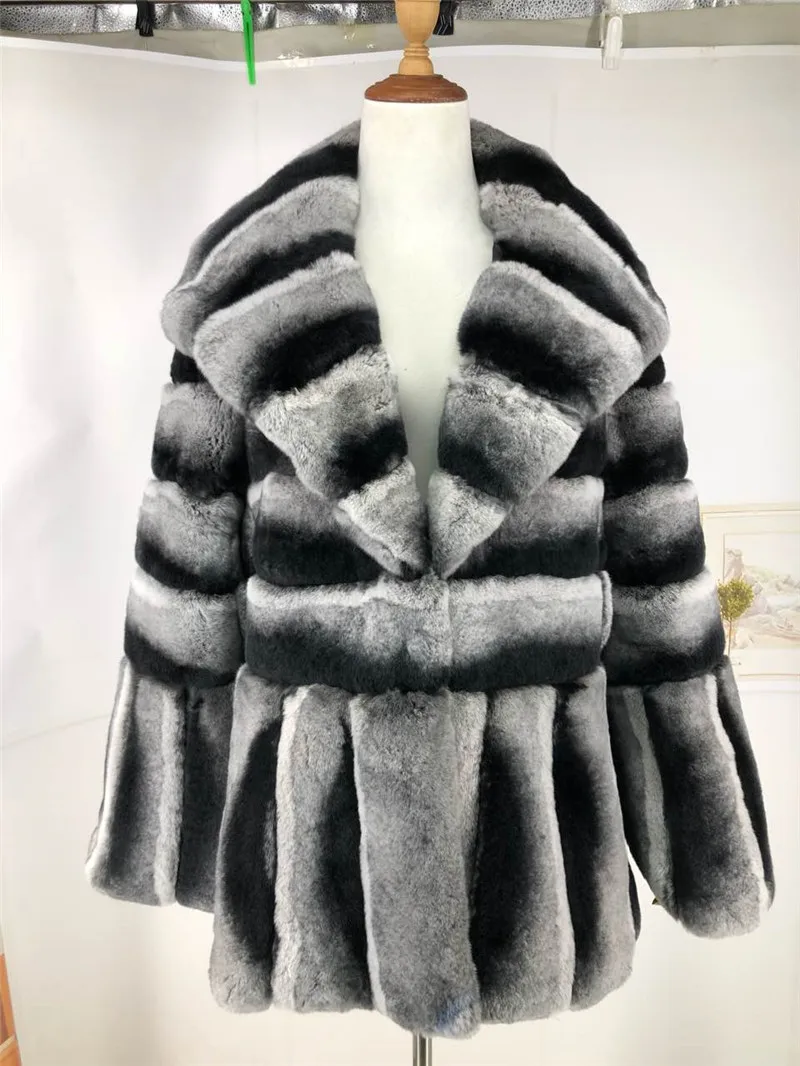 Cheap New Women Real Chinchilla Rex Rabbit Fur Coat From Natural With Big Turn-down Collar Skin Rex Rabbit Fur Jacket Genuine RB-067 26