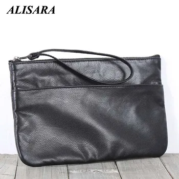 

Alisara Men Clutch Wallets Genuine Leather Business Large Capacity Wallet Zipper Phone Purses Handmade Luxury Unisex Long Wallet