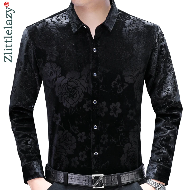 

2019 social long sleeve floral thick winter warm shirts men slim fit vintage fashions men's shirt man dress casual jersey 5055