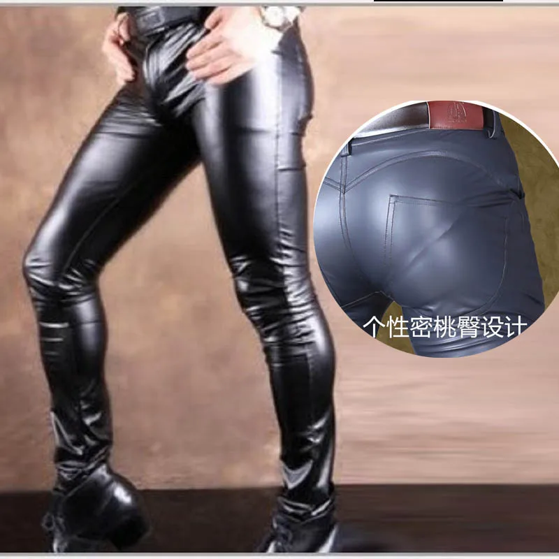 

Men's Leather Pants PU Faux Leather Motorbike Pencil Pants High Elastic Tight Peach Buttock Waterproof Soft Trousers Fad Legging