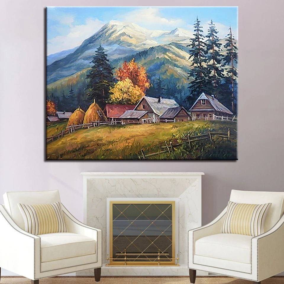 

DIY Painting By Numbers Kits Coloring Snow Mountain Village Hut Pictures Home Decor Hand Paint House Scenery Oil Canvas Wall Art