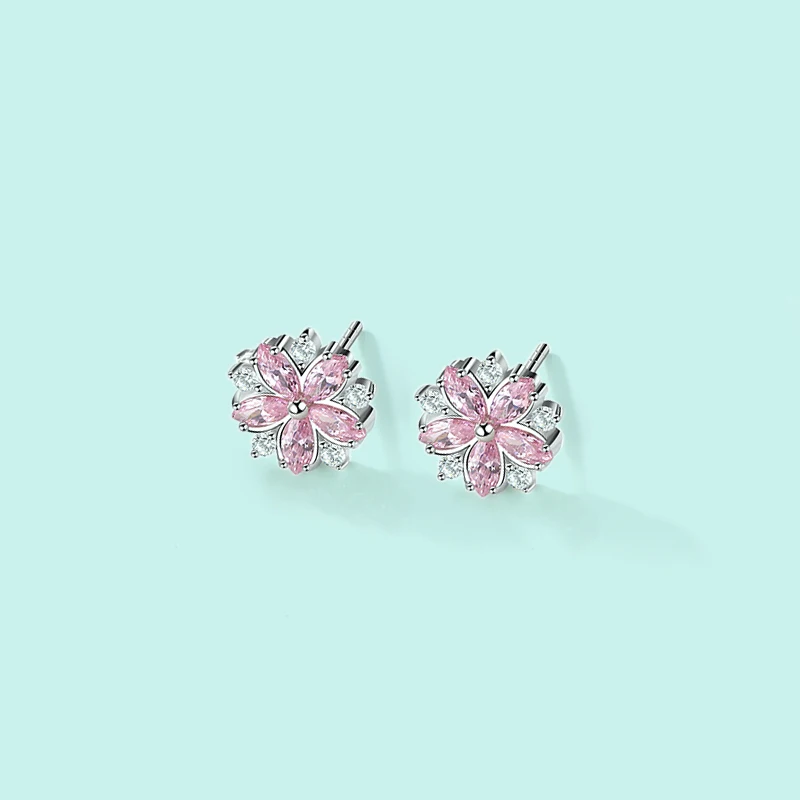 Shining Zircon 925 Sterling Silver Cherry Blossoms Flowers Stud Earrings Fine Jewelry For Women Sweet Romantic Engagement Gift  (4)
