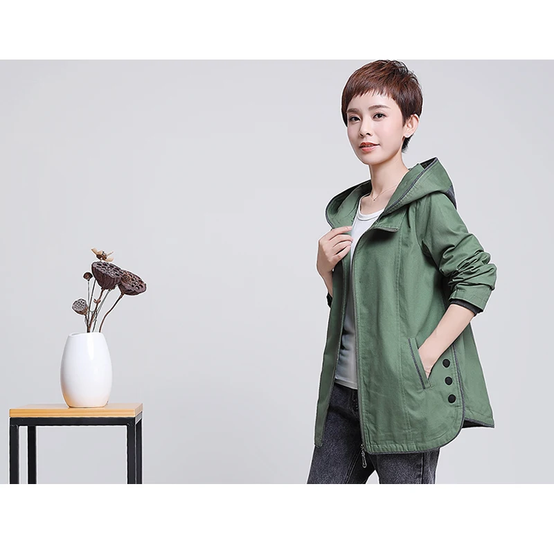 New  Women's Windbreaker 2019 Spring Autumn Casual Wild Jacket Solid Color Middle-Aged Women's HoodedCot