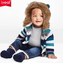 IYEAL/зимние свитера для девочек; кардиганы для малышей с меховым медведем; детские вязаные куртки в полоску с капюшоном для мальчиков; детская одежда с длинными рукавами