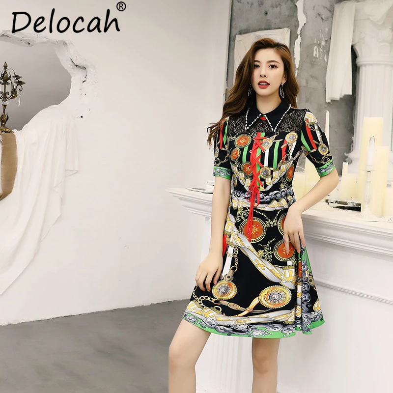 

Delocah New 2019 Women Spring Summer Dress Runway Fashion Designer Beading Bow Tie Hollow Out Elegant Vintage Vacation Dresses