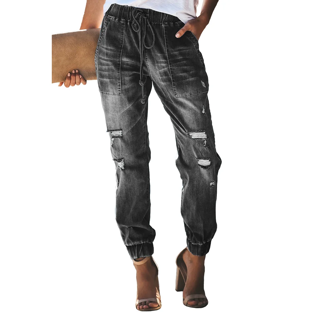 

2019 New Fashion Women Jeans Casual Jogger Pants Loose Thin High Waist Streetwear Drawstring Solid Pockets Elastic Trousers