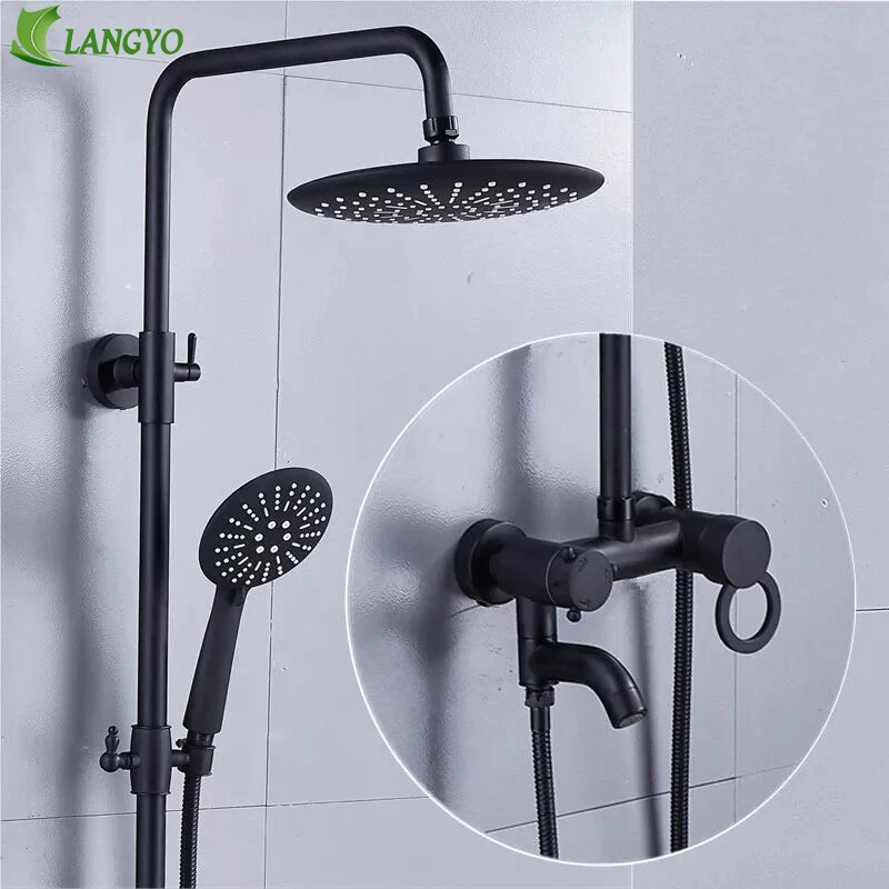 

LANGYO Bronze Black Bathroom Shower Bath Faucet Dual Handles In Wall Washing Room Shower Mixer Taps 8" Rain Shower Head