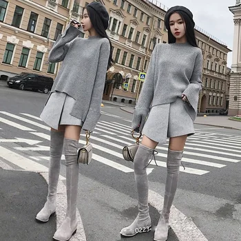 

2018 New Fashion Autumn Sexy Sheath O-Neck Full Sleeve Sweaters Pullovers + High Waist Woolen Mini Skirts Two Pieces Women Sets