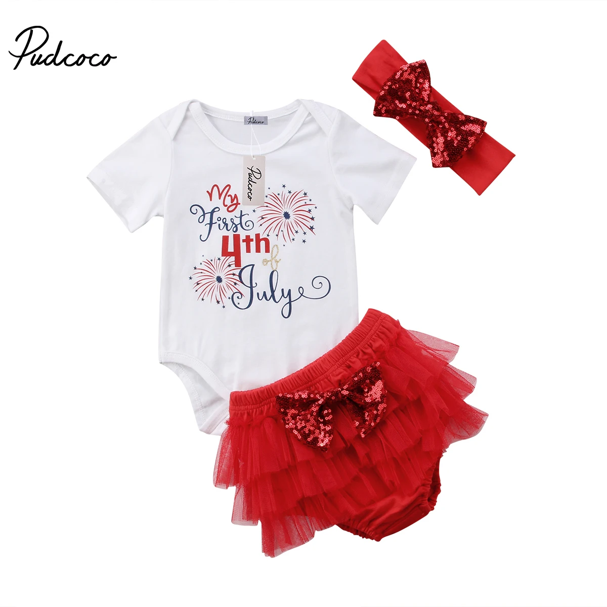 

3Pcs My First 4th July Newborn Infant Baby Girl Sequins Romper Tops+Bow Tutu Skirted Shorts Headband Outfits Clothes Set 0-18M