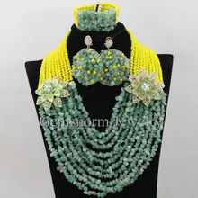 Фантастические желтый и зеленый цвета в нигерийском стиле Бусины Свадебная бижутерия комплект леди Камни Свадебные украшения Цепочки и ожерелья комплект wa291