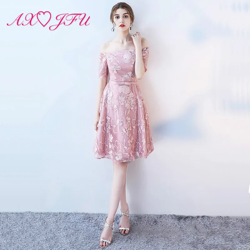 

AXJFU shoulder pink flower lace evening dress length new spring princess evening dress bow pink lace evening dress