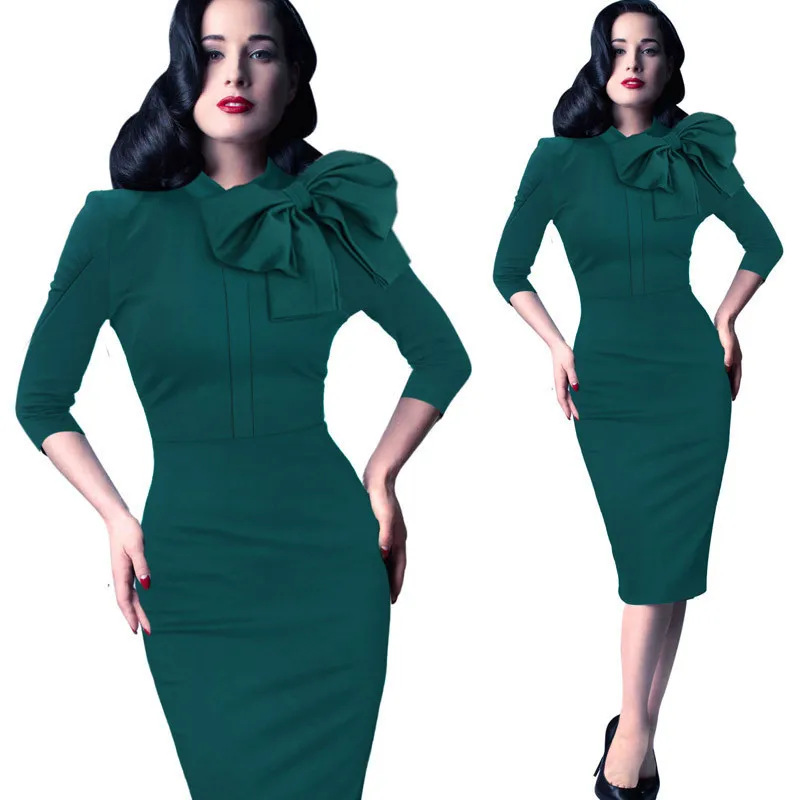 

Vintage bow red green formal dress women elegant 3/4 sleeve church dresses for women sukienka Lady slim bodycon frocks