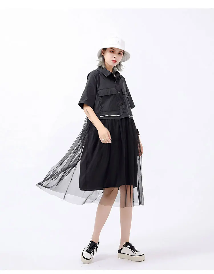 [XITAO] летнее корейское Модное Новое Женское платье с отложным воротником и коротким рукавом, свободное однотонное кружевное лоскутное платье с карманами WBB3721