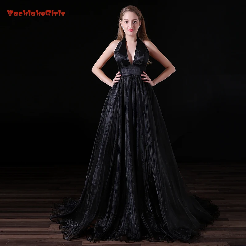 A Line Long Black Evening Dress New Halter Neck Sleeveless