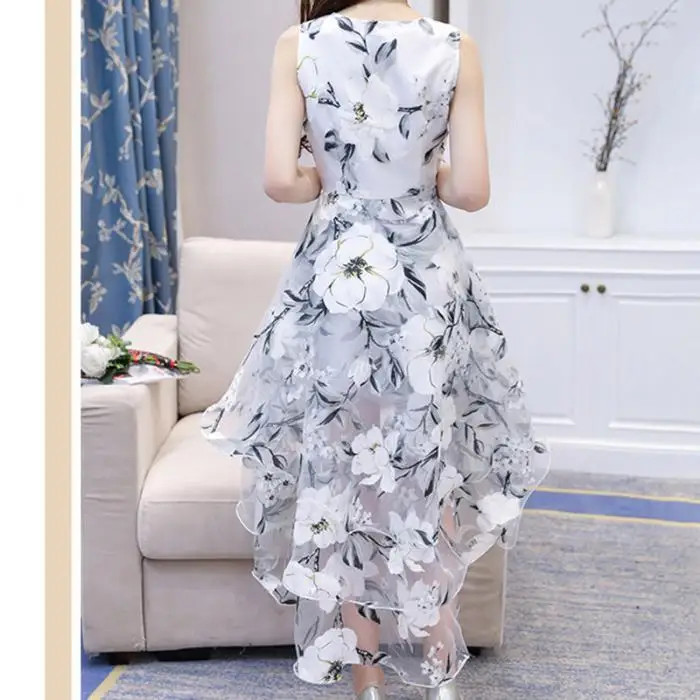 Женское платье с цветочным узором без рукавов с асимметричным подолом и высокой талией для лета HSJ88