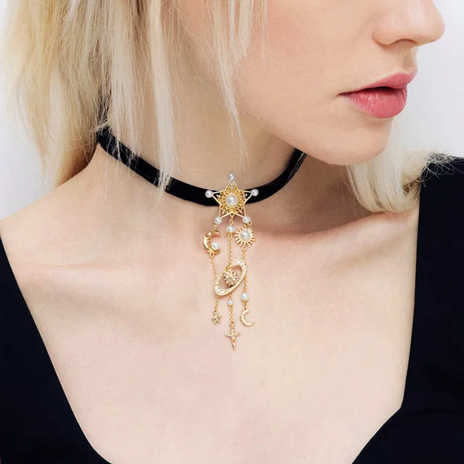 

Fashion Vintage Star moon sun Tassels Cubic Zirconia Black Rope Tie Chain Pearl choker necklace for Women Jewelry Dance Party