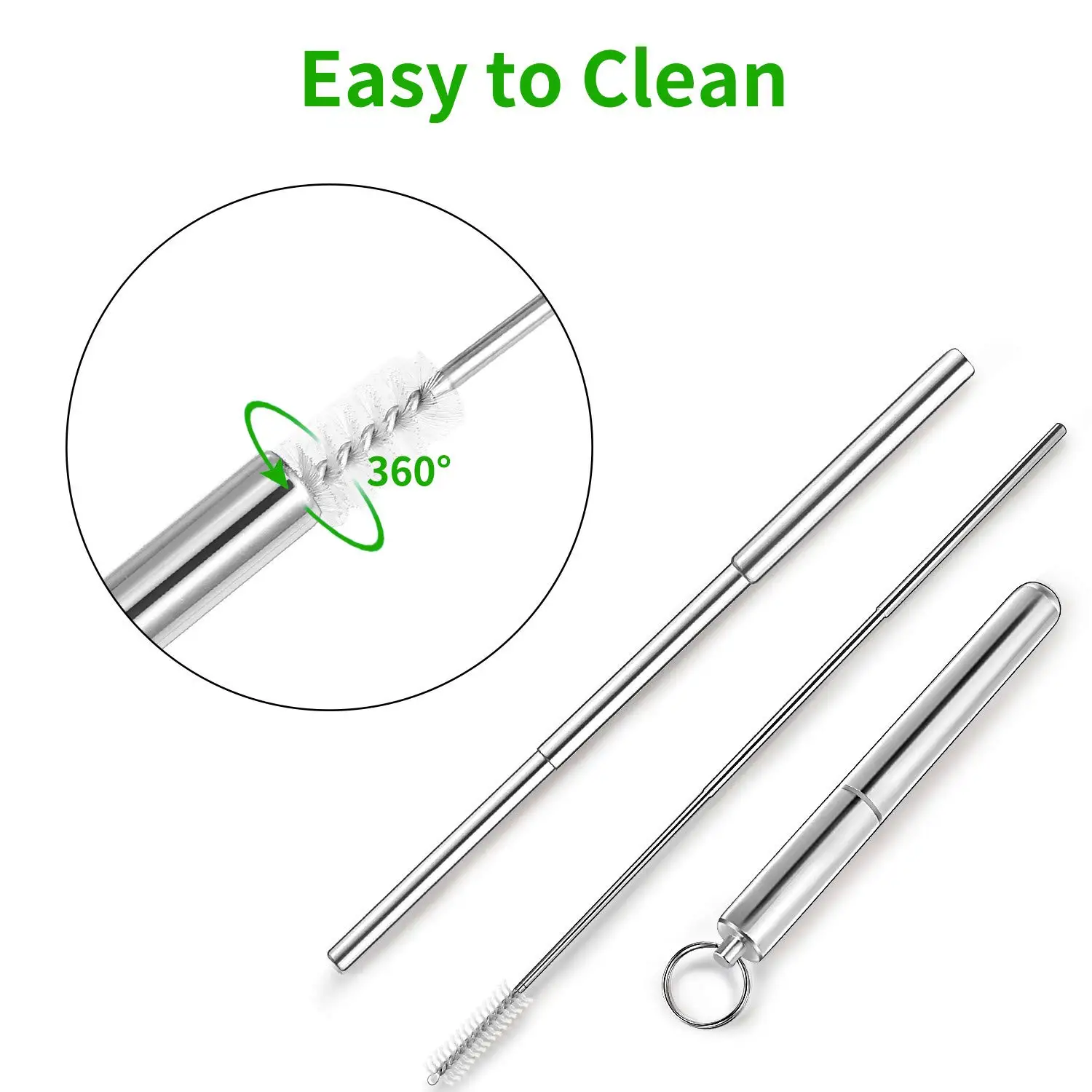 2Pcs Reusable Metal Drinking Straws Telescopic Portable Stainless Steel Straw with Case& Cleaning Brush