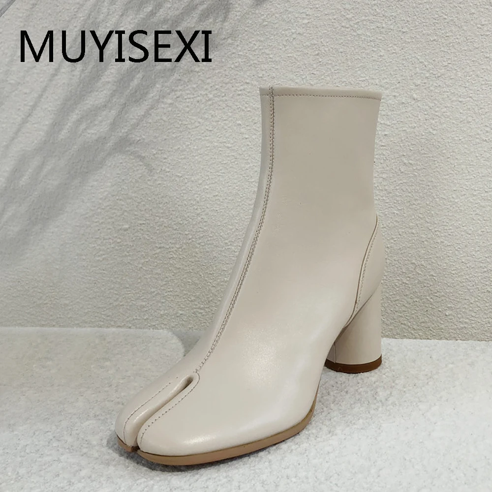 

Toe Separation Ankle Boots Genuine Lleather Autumn Winter Women Brand Design Gladiator High Heel Shoes Women MEI02 MUYISEXI
