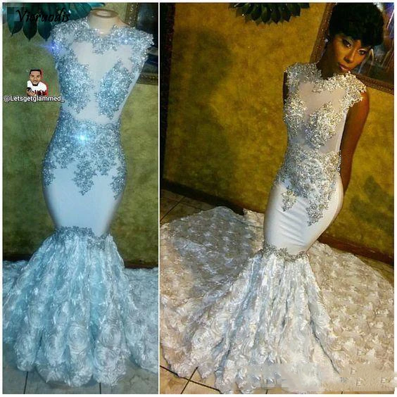 

New Blue Mermaid Prom Dresses Sheer Crew Neck Lace Appliques Cap Sleeves Rose Flower Skirt Elegant Vestidos De Fiesta Evening