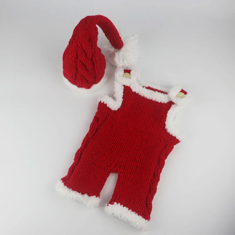 Рождественский костюм комплект реквизит фотографий ручной вязать детские подтяжки зимняя шапка и одежда для новорожденных крючком наряды