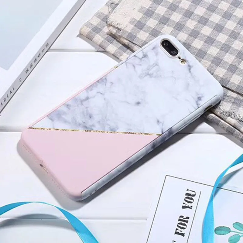 

360 Degree Full Body Protection Marble Stone Phone Cases for iphone X 6 6s 7 8 plus Hard PC Cover + Screen Protector Glass Coque