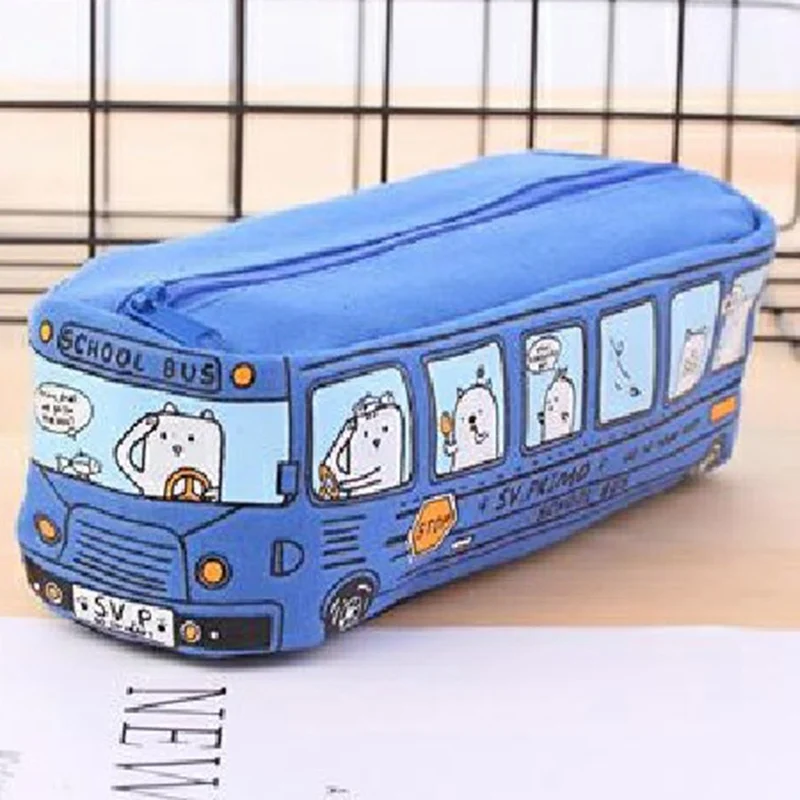 Creative Student Stationery Small Animal Bus Pencil Bag Bus Pencil Box Male And Female Canvas Large Capacity Pencil Case - Цвет: BL