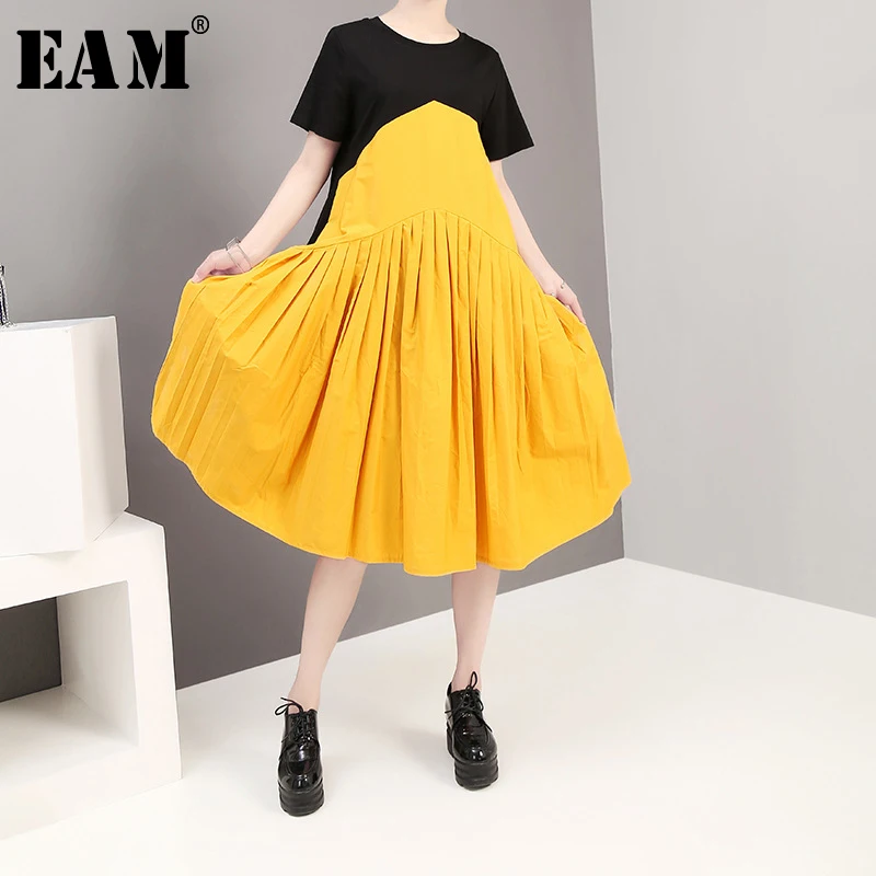 

[EAM] 2019 New Spring Summer Round Neck Short Sleeve Hit Color Spliced Pleated Brief Temperament Dress Women Fashion Tide JY362