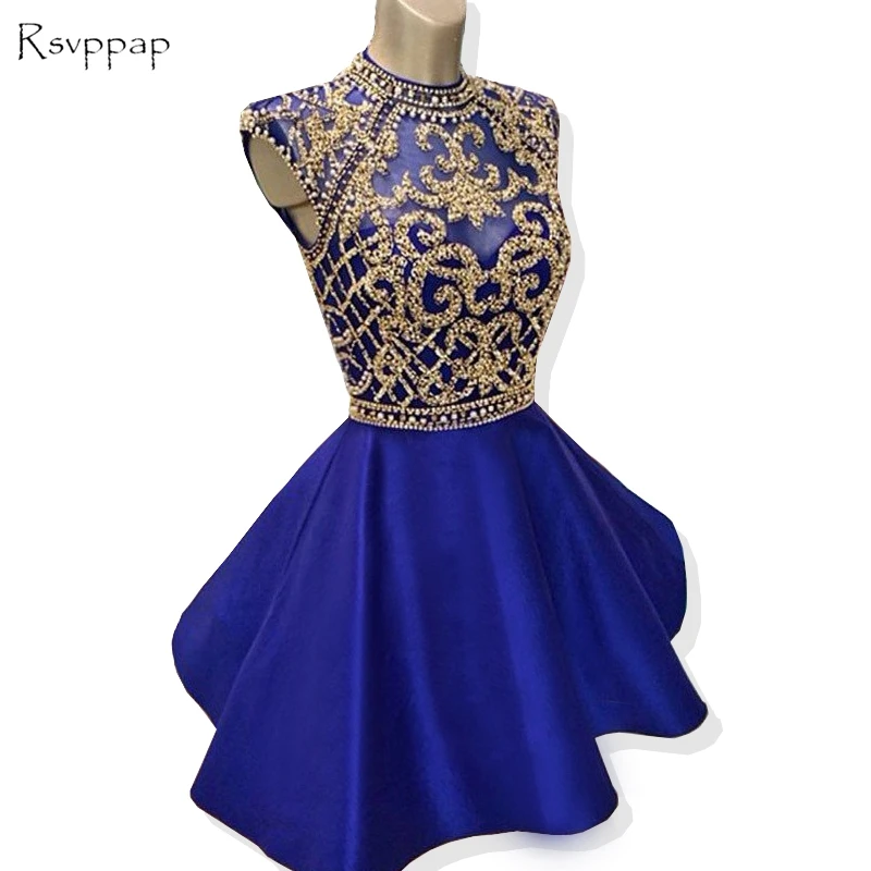 

Sparkly Short Homecoming Dresses 2019 A-line High Neck Cap Sleeve Beaded Backless Royal Blue 8th Grade Graduation Dresses
