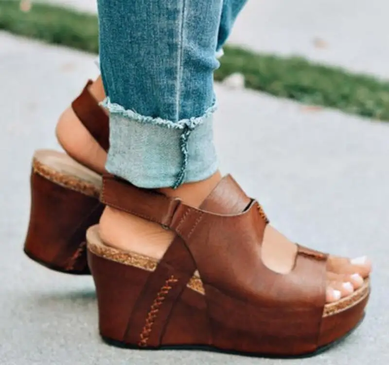 

Women Summer Beach Sandals chunky high heels wedge Shoes Woman platform peep toe vintage PU leather ladies Zapatos Mujer HP078
