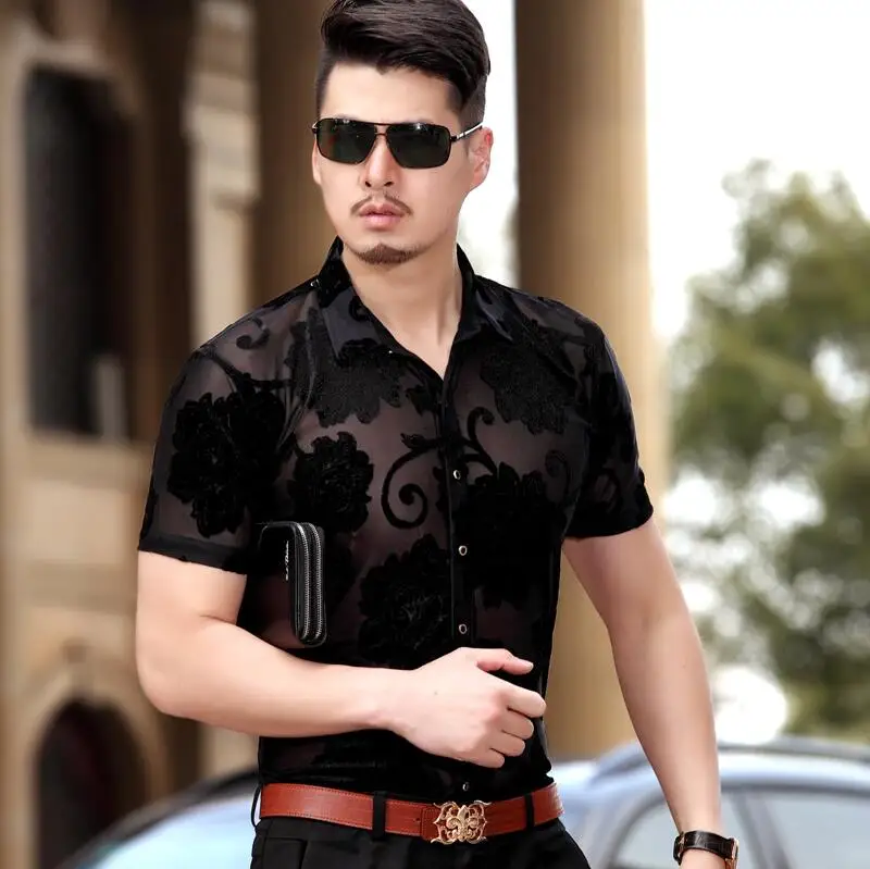 2017 Flower Shirts Men See Through Shirts Camisas Black Shirts Mens