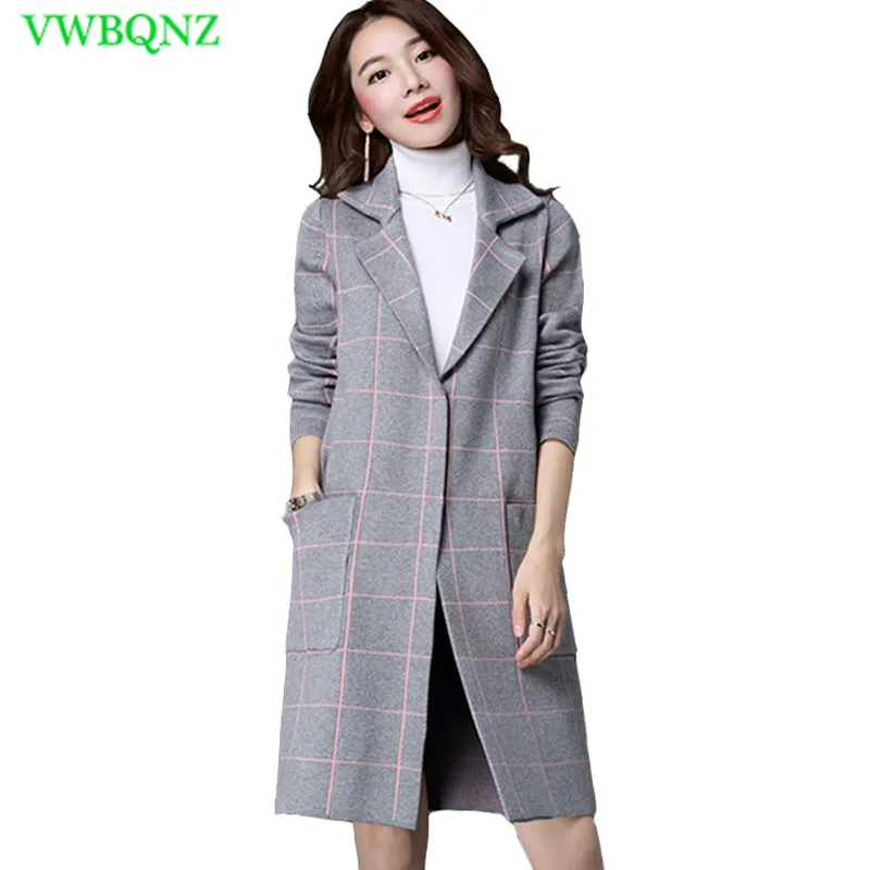 Autumn Winter Lattice Woolen Jacket Women Slim Thin Woolen Cardigan Jacket Women's Fashion Long 