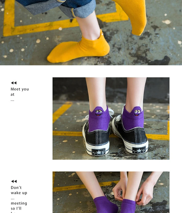Вышитые Хлопковые женские носки-тапочки с рисунком смайлика; забавные милые короткие носки для девочек; летние модные невидимые носки-башмачки