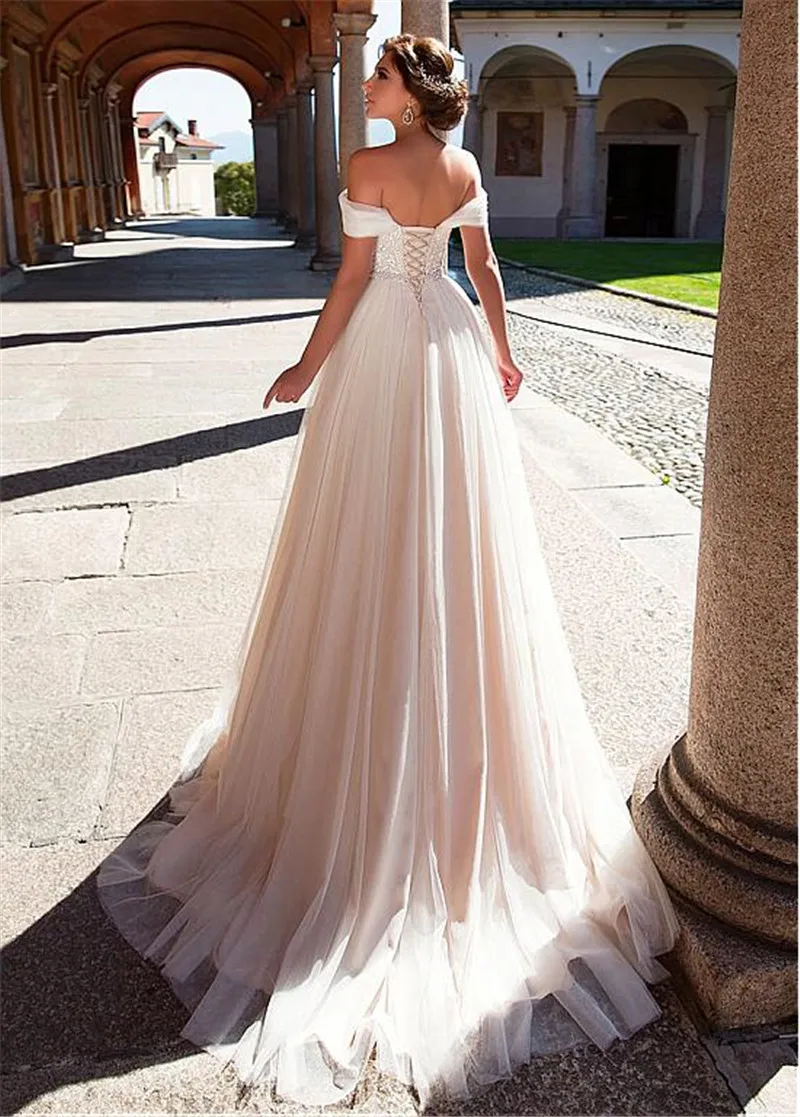 LORIE со скидкой, свадебное платье трапециевидной формы с рукавами, пляжные свадебные платья на шнуровке, кружевное свадебное платье из тюля, Boho vestido de noiva