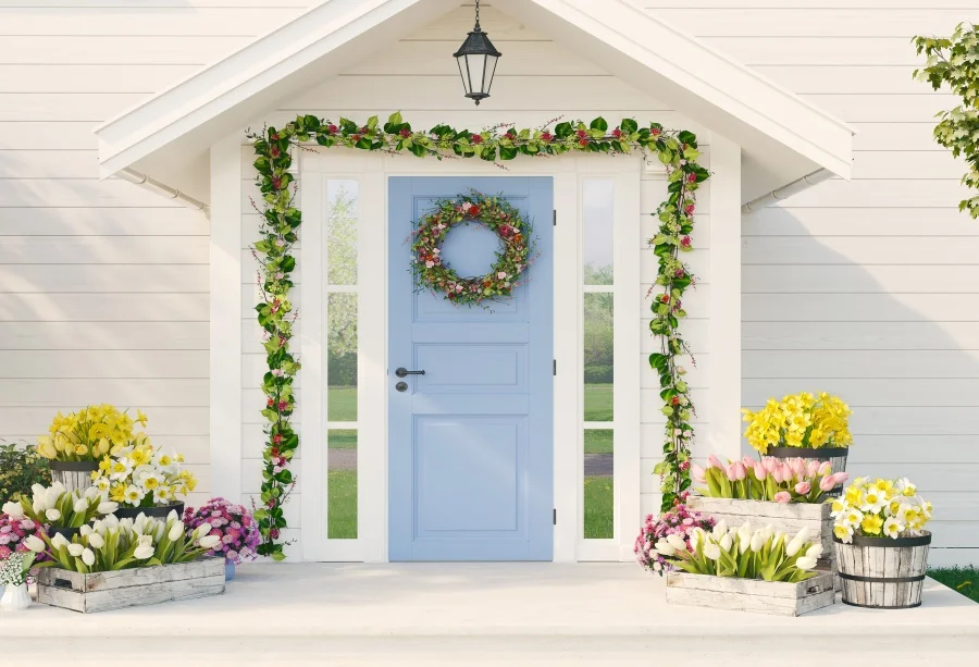

Laeacco Photographic Backgrounds Spring Blossom Boxed Flowers House Porch Door Wreath Vine Scenic Photo Backdrops Photo Studio