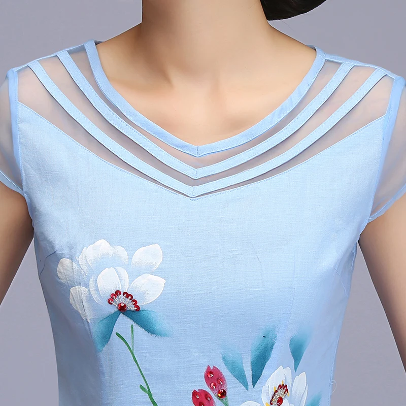 Китайская женская деловая рубашка с цветочным принтом, элегантная хлопковая льняная одежда с коротким рукавом, Новая Винтажная Улучшенная блузка размера плюс 3XL