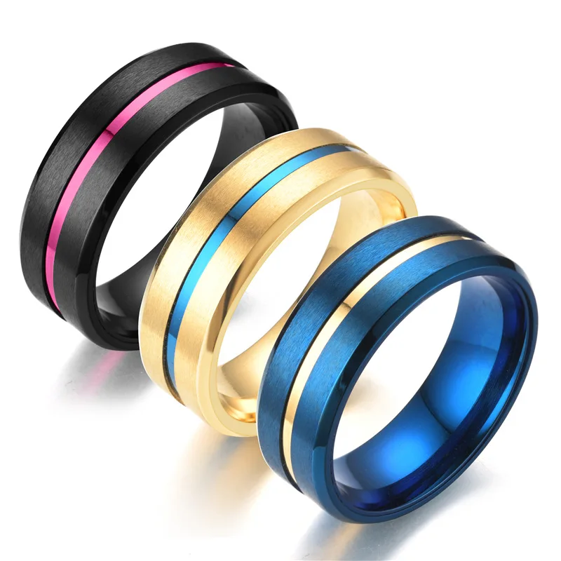 

ZTLXY Classic Groove Rings Black Blue Gold Stainless Steel Rings For Men women Charm Engagement Rings Male Jewelry wholesale