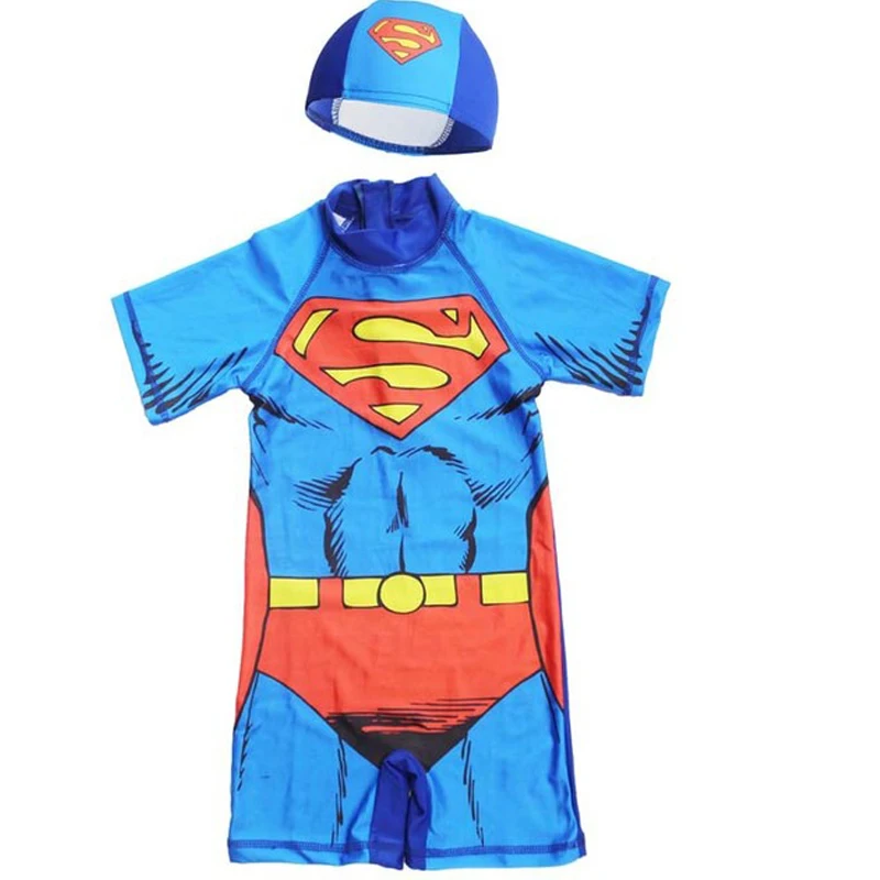 

New Superman Boy Swimwear Cartoon One Piece Swimsuit Bodysuit Captain America Spiderman 2-8Y Kid Overall Beachwear Kids Swimwear
