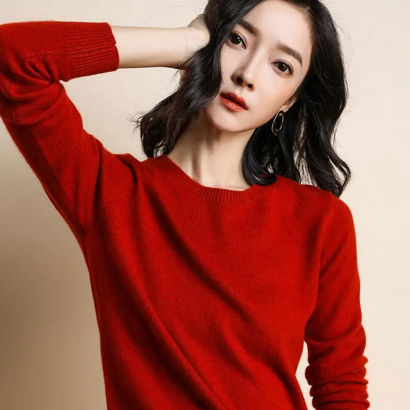 Новинка Осень-зима кашемировый свитер шерстяной пуловер женский круглый вырез с длинными рукавами Свободная рубашка теплый топ - Цвет: Rusty red